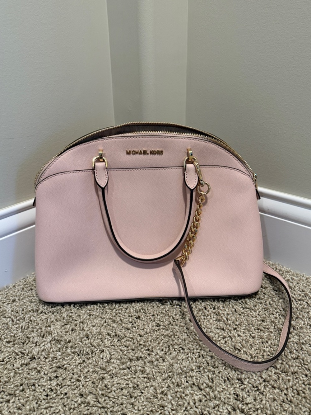 Michael Kors Pink Saffiano Dome Satchel with Gold Chain
